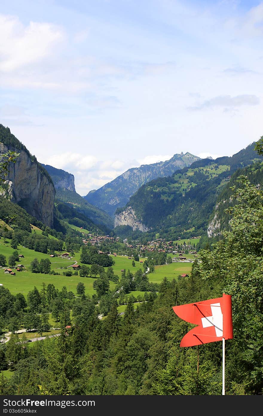 View of Switzerland countryside near Trummelbach Falls at summer