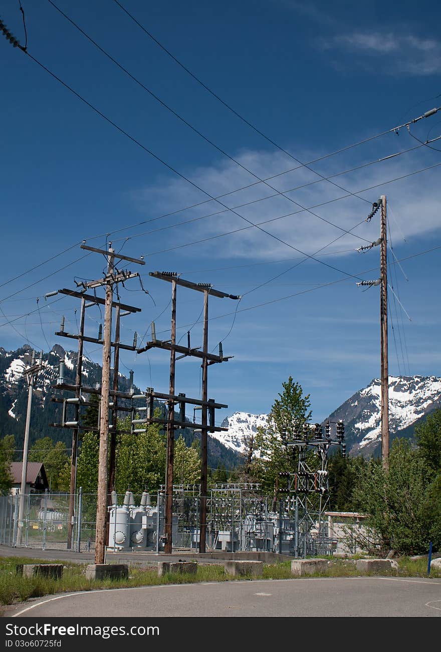 An electrical substation in the high mountain Snoqualmie Pass in Washington State, USA. An electrical substation in the high mountain Snoqualmie Pass in Washington State, USA.