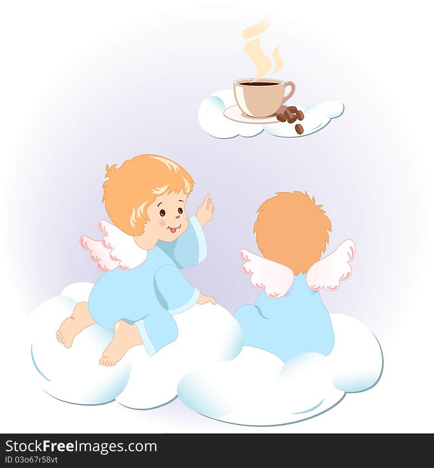 Cute little angels sitting on clouds. They are looking for another cloud, where you can see a cup of aromatic coffee and grains.