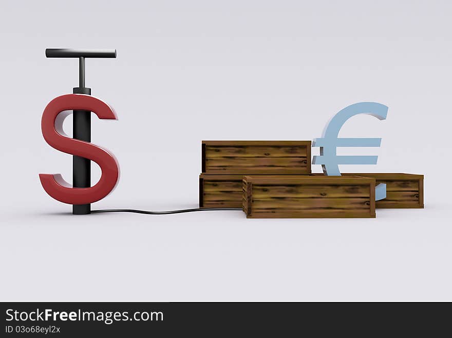 Detonator in form of a Dollar sign about to detonate Euro sign. Detonator in form of a Dollar sign about to detonate Euro sign