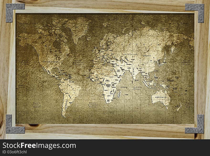 Old world map with great texture and amazing colors in wood frame