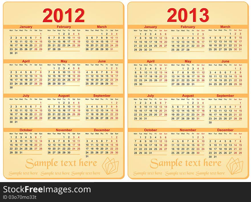 Set Of 2012 And 2013 Calendar