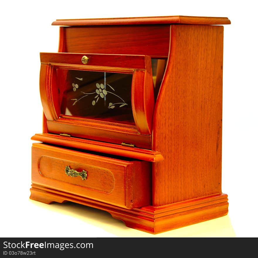 Small wooden locker with little window decorated by flowers. The box of the case and case door are opened. Small wooden locker with little window decorated by flowers. The box of the case and case door are opened.