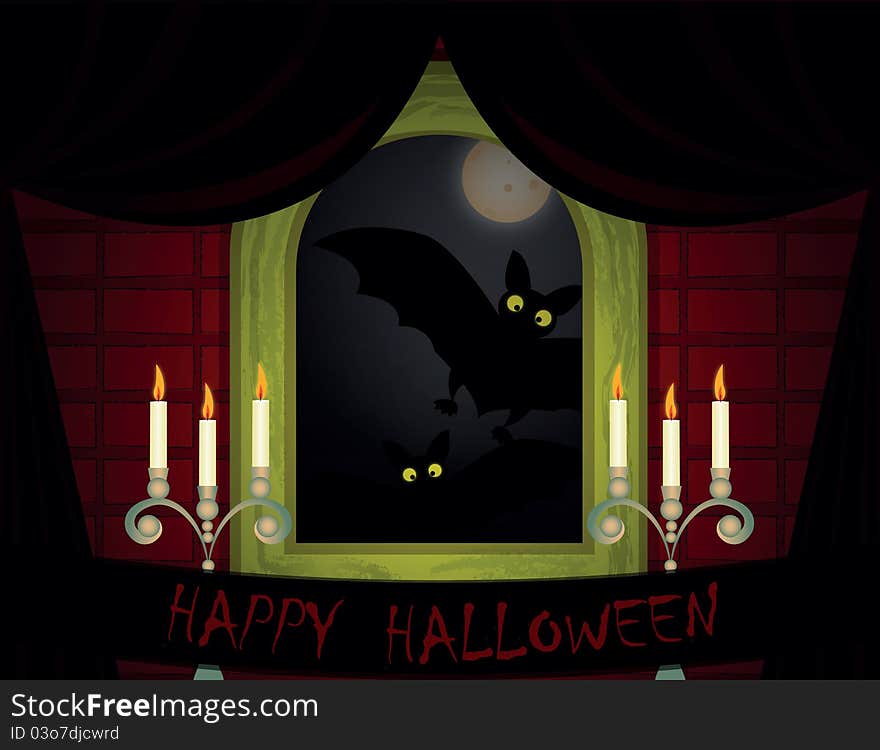 Room with window shades, candles and bats with moon in window. Room with window shades, candles and bats with moon in window