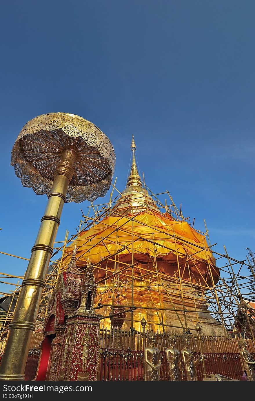 Renovation of the chedi at Wat Prathat Doi Suthep temple in Chiang Mai, Thailand. Renovation of the chedi at Wat Prathat Doi Suthep temple in Chiang Mai, Thailand.