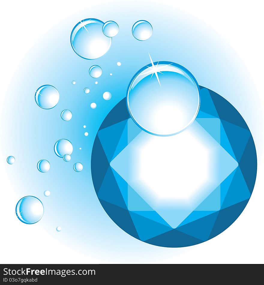 Topaz with drops isolated on the blue. Illustration