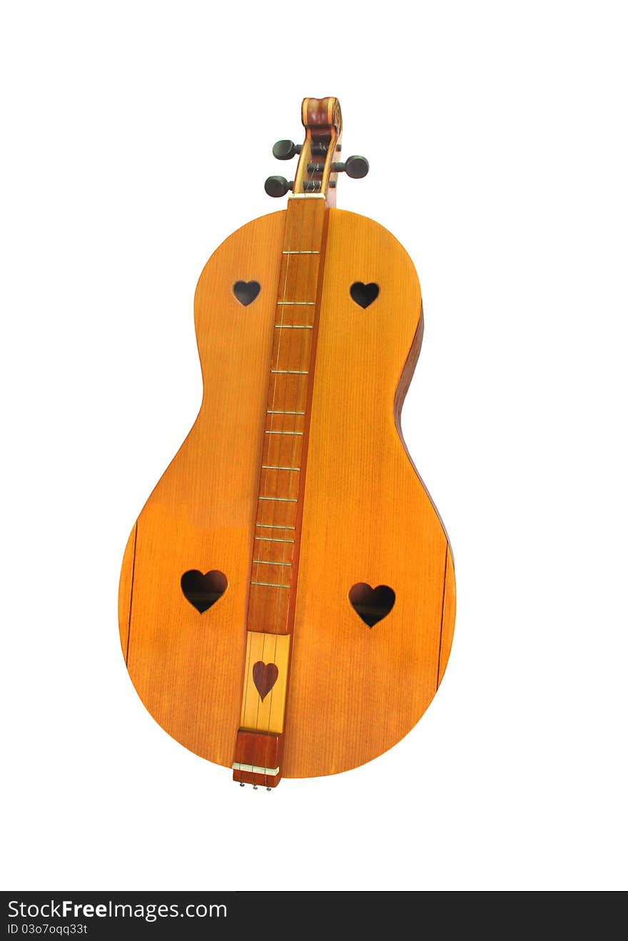 Three string wooden folk dulcimer decorated with cut out hearts. Isolated on white. Three string wooden folk dulcimer decorated with cut out hearts. Isolated on white.