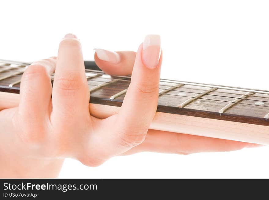 Hands and fingers with a guitar on a white background