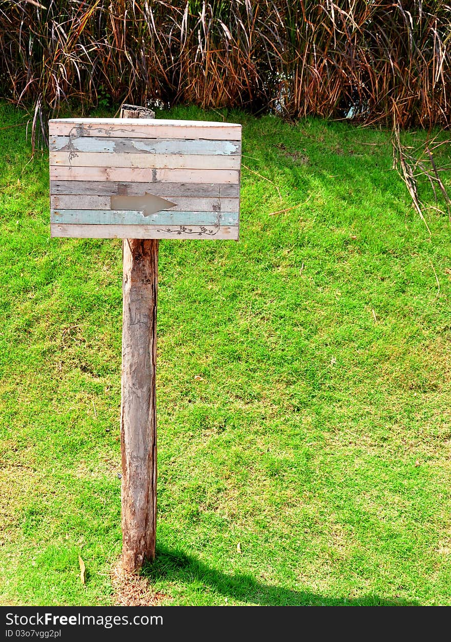 Blank wooden arrowed sign on the grass