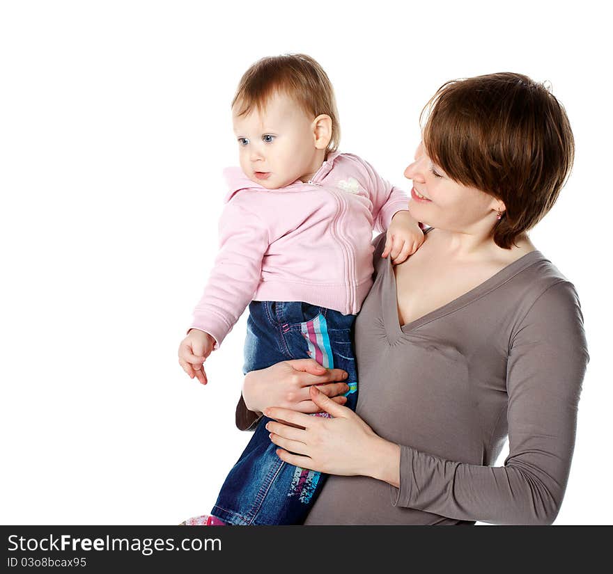 Picture of happy mother with baby over white