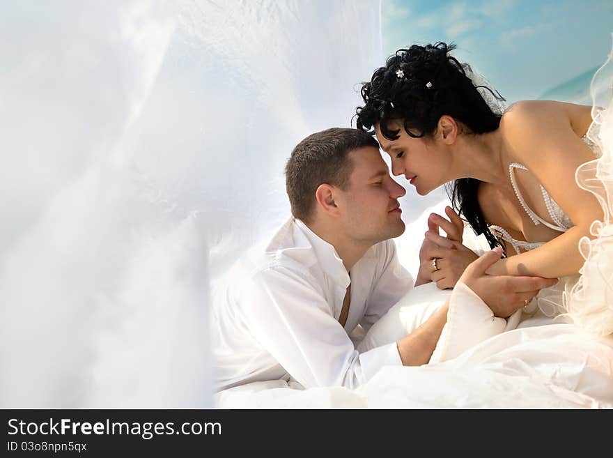 Wedding shot of sexy passion between bride and groom