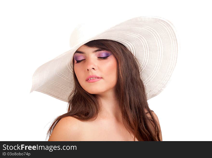 Woman in a white hat on the isolated background