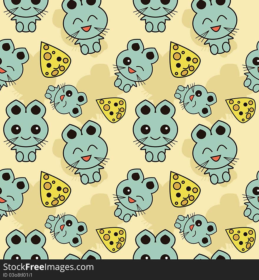 Seamless kawaii background illustration with mice and cheese. Seamless kawaii background illustration with mice and cheese