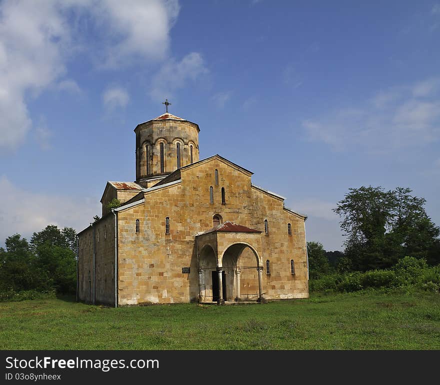 View of medieval church in Mokva village, Abkhazia, X century