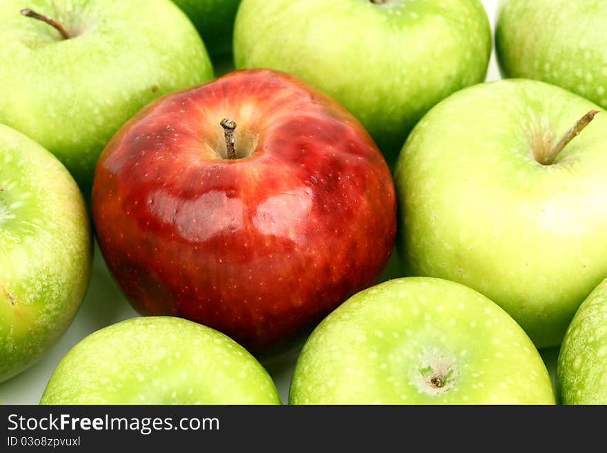 Red and green apples macro close up