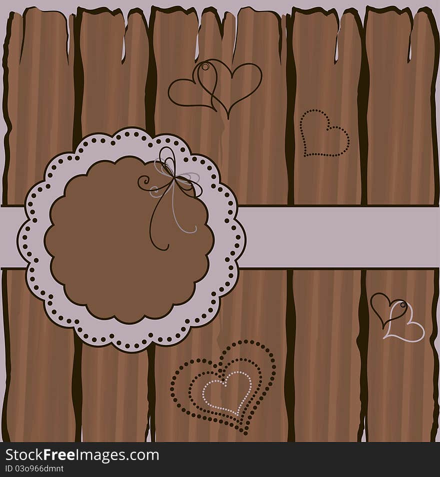 Valentine`s day card. Hearts flying over wood.