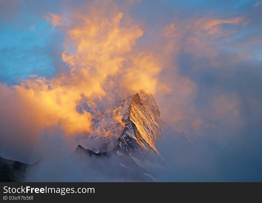 Dramatic sunset over famous Matterhorn (peak Cervino)