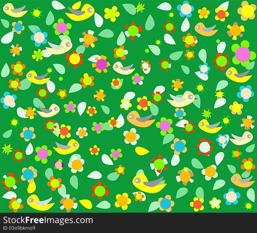 Cartoon birds on green background with flower decor. Cartoon birds on green background with flower decor