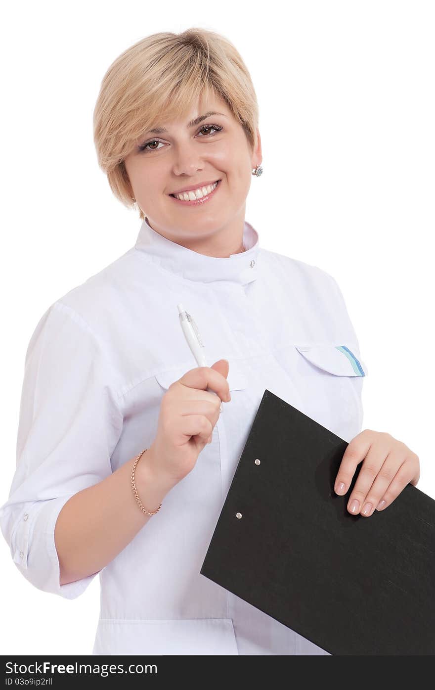 Portrait of smiling female doctor holding a clipboard - isolated over a white background