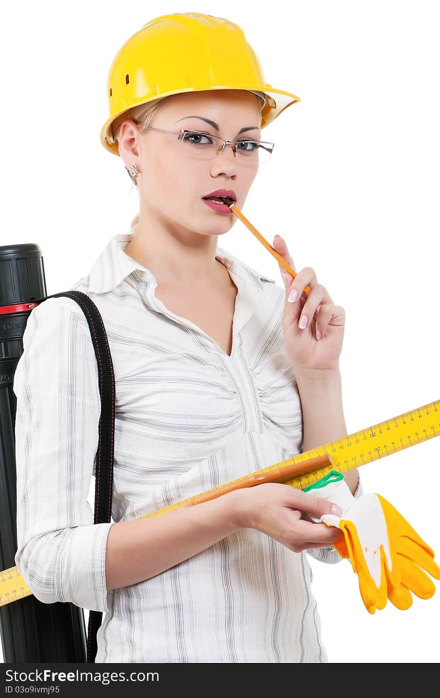 Portrait of attractive architect girl with hard hat - isolated on white background