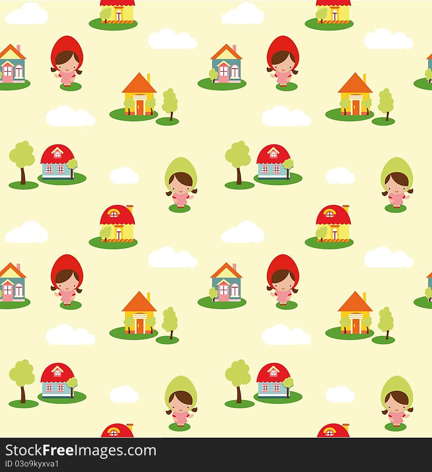 Seamless Vector Pattern of Cute Houses and Girls. Seamless Vector Pattern of Cute Houses and Girls