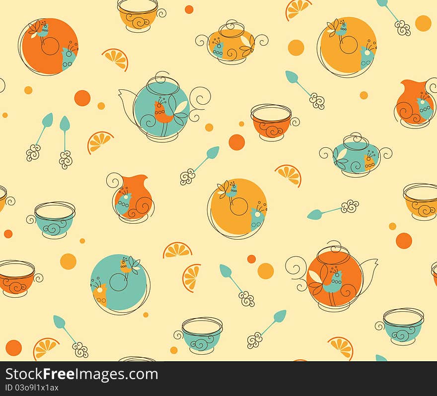 Seamless Vector Pattern of Tea Objects in Retro-Styled. Seamless Vector Pattern of Tea Objects in Retro-Styled