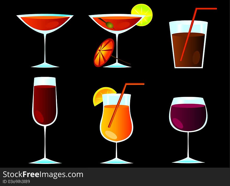 Colored cocktail glasses on black background