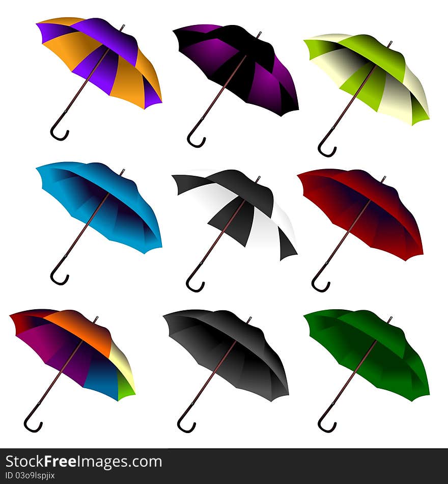 Collection of colored umbrellas on white background