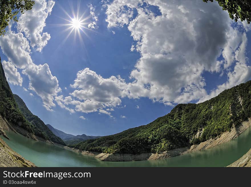 Lake of Ridracoli with fish eye lens. Lake of Ridracoli with fish eye lens