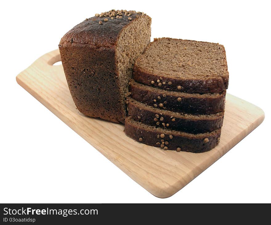 Brown bread slices wooden cutting board on a white background