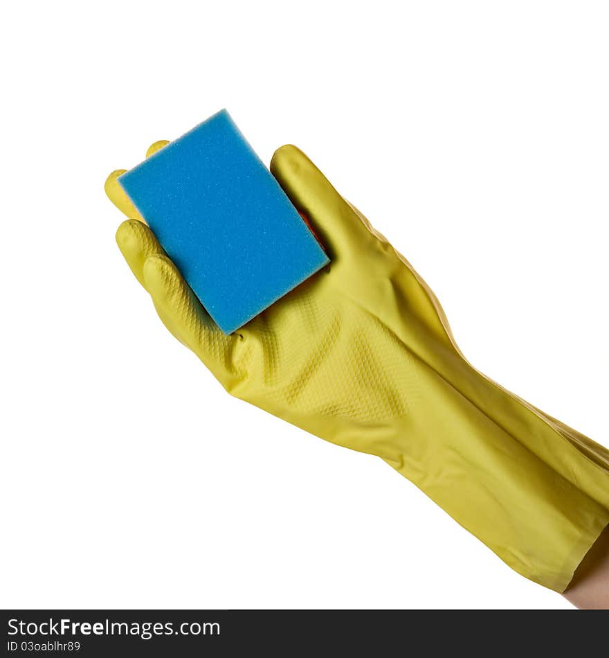 Hand in glove holding washing sponge, isolated over white