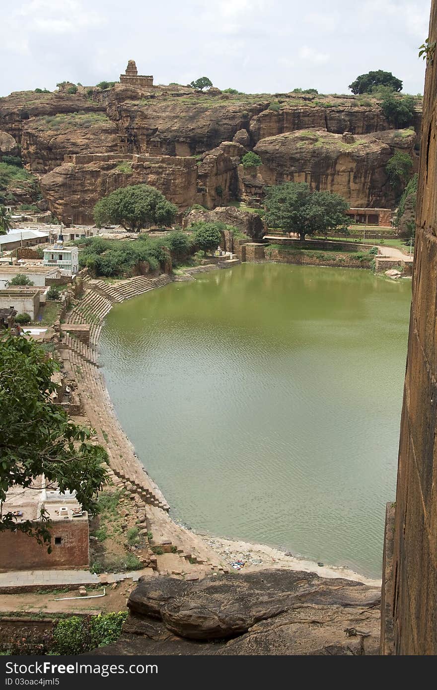 View of Lake Agasthya Tertha from Southern hill at Badami, Karnataka, India, Asia. View of Lake Agasthya Tertha from Southern hill at Badami, Karnataka, India, Asia