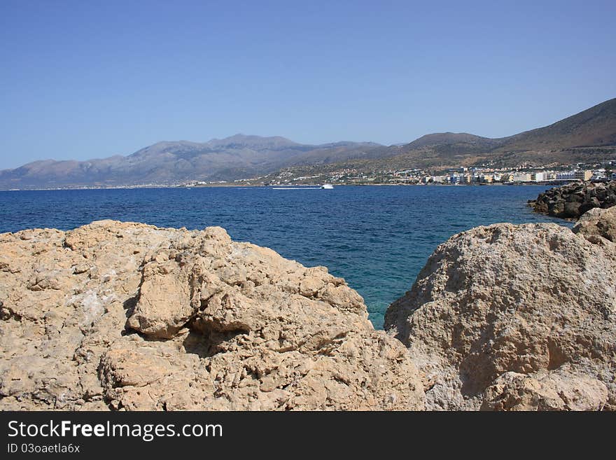 Rock shore of Mediterranean Sea in Hersonissos, Crete