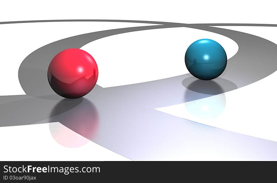 Illustration of two spheres of red color and blue on road layout. Illustration of two spheres of red color and blue on road layout