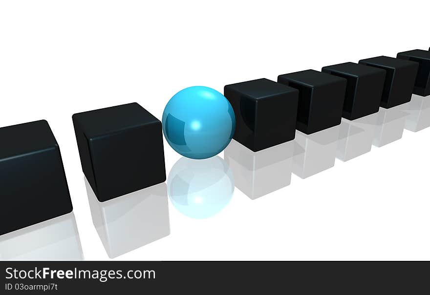 Illustration of cubes of dark gray color and ball of blue color. Illustration of cubes of dark gray color and ball of blue color