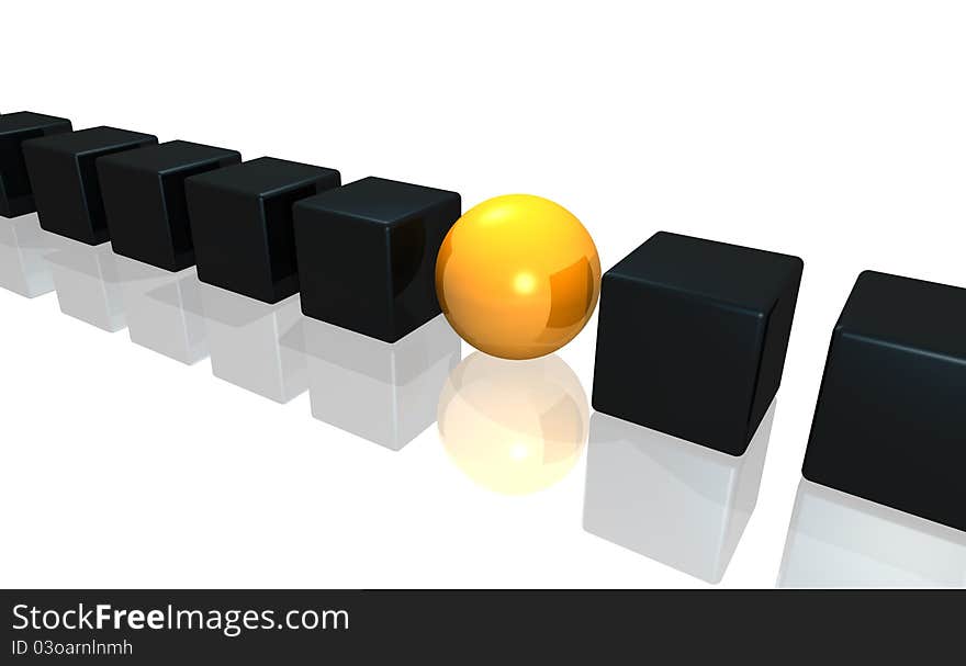 Illustration of cubes of dark gray color with sphere of yellow color. Illustration of cubes of dark gray color with sphere of yellow color