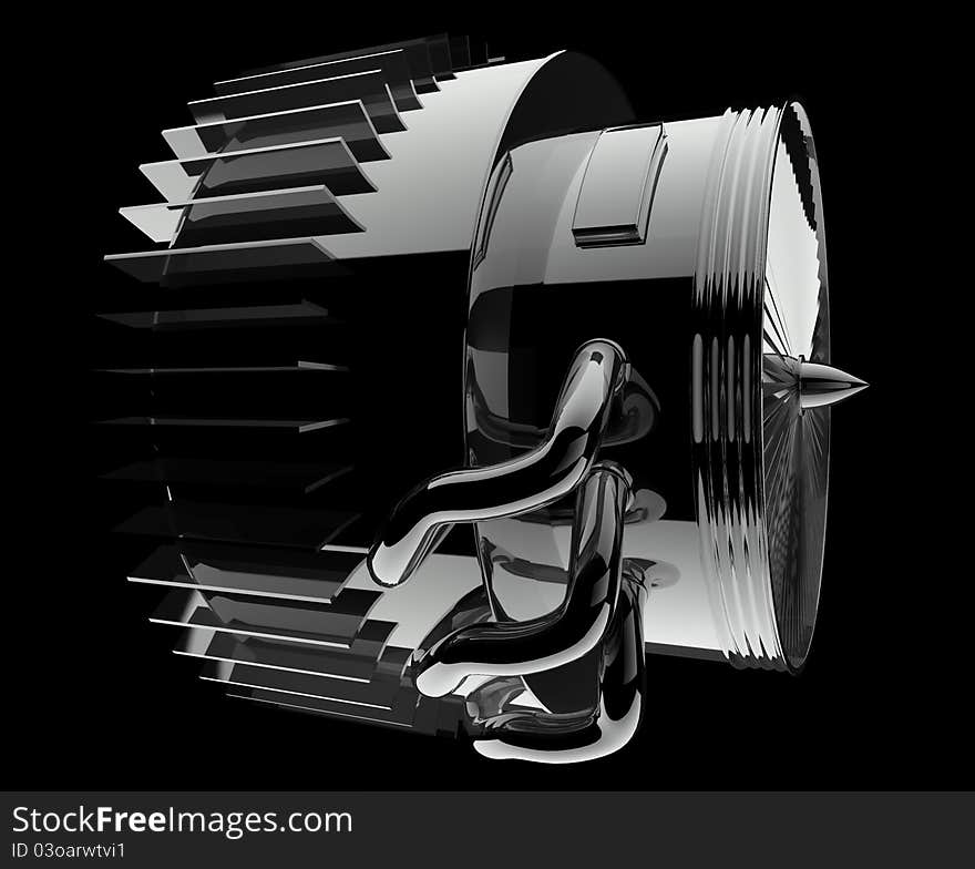 Glossy turbojet engine on a black background.