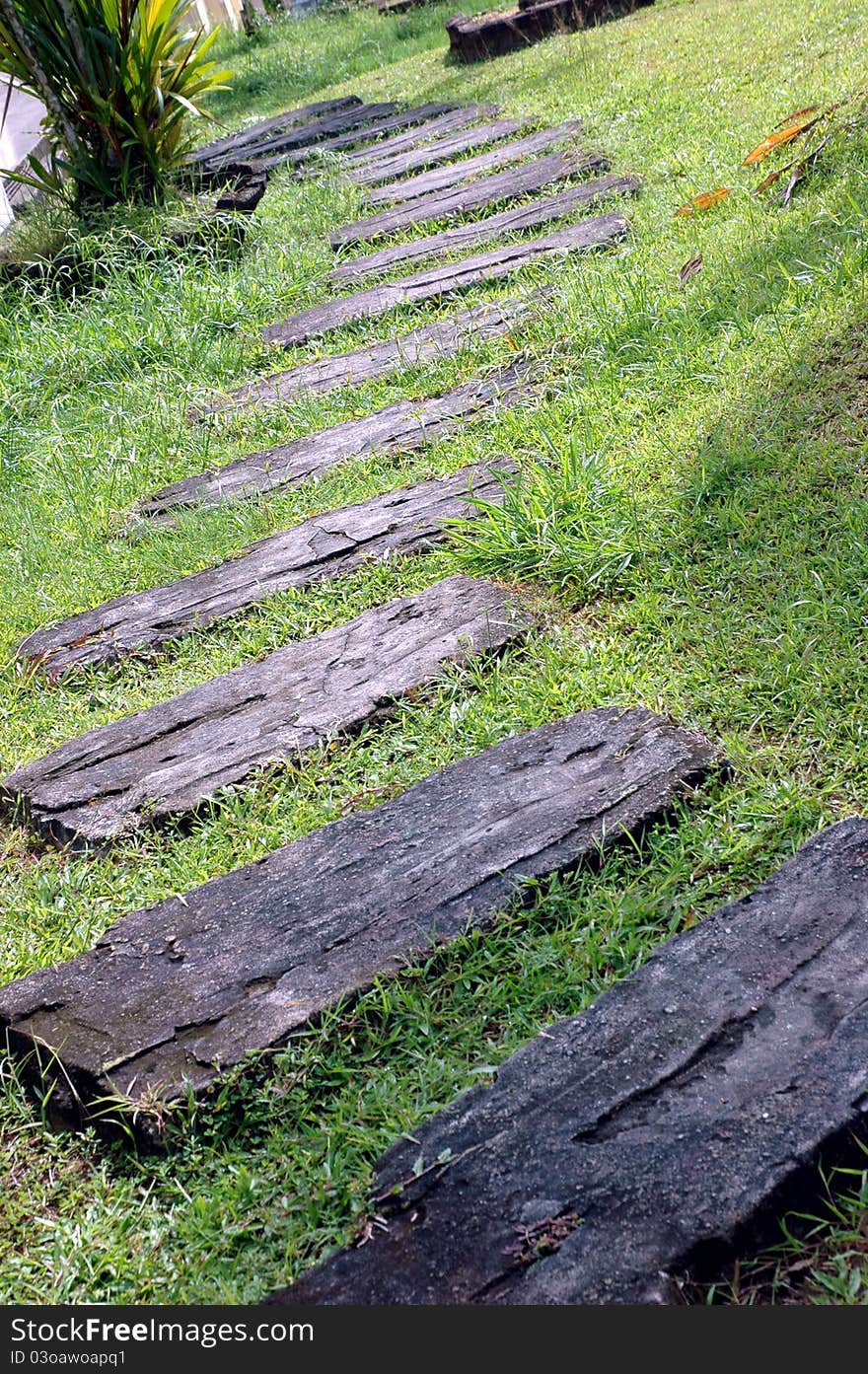 A curvaceous foothpath made of concrete blocks across the grass