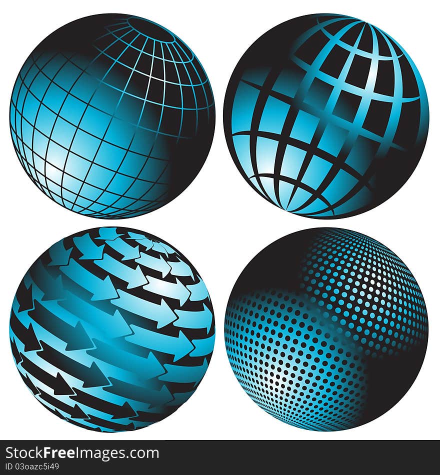 Illustration, four abstract blue globes on white background. Illustration, four abstract blue globes on white background