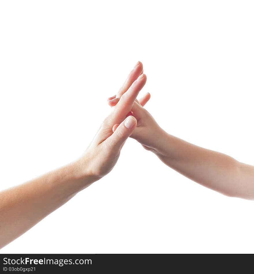 Child touching hand of mother isolated on white Background