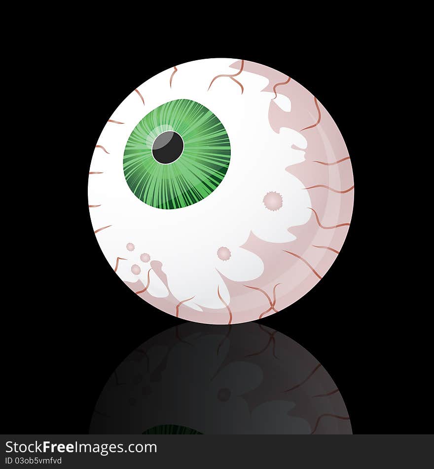 Spooky green eyeball on black background with reflection