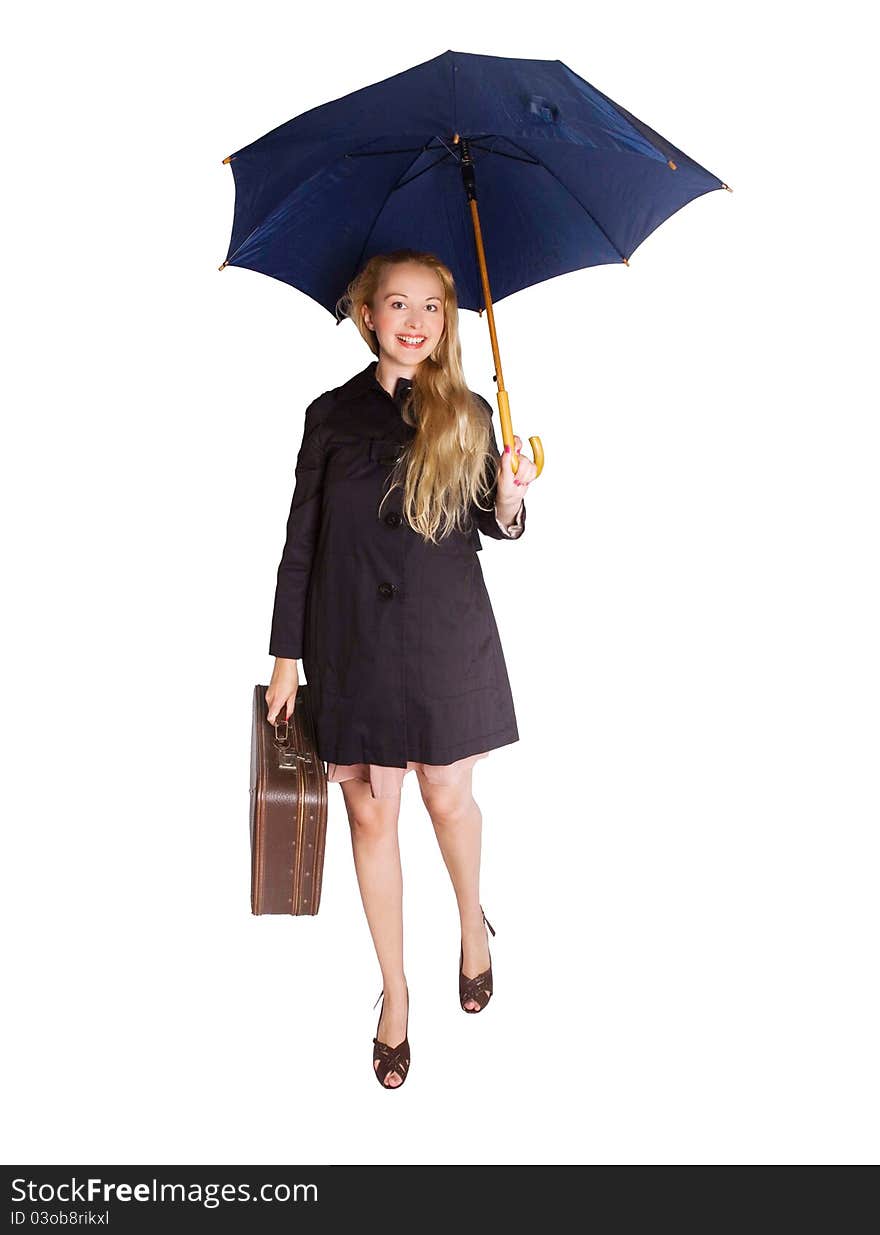 Woman with umbrella and vintage suitcase, isolated on white background