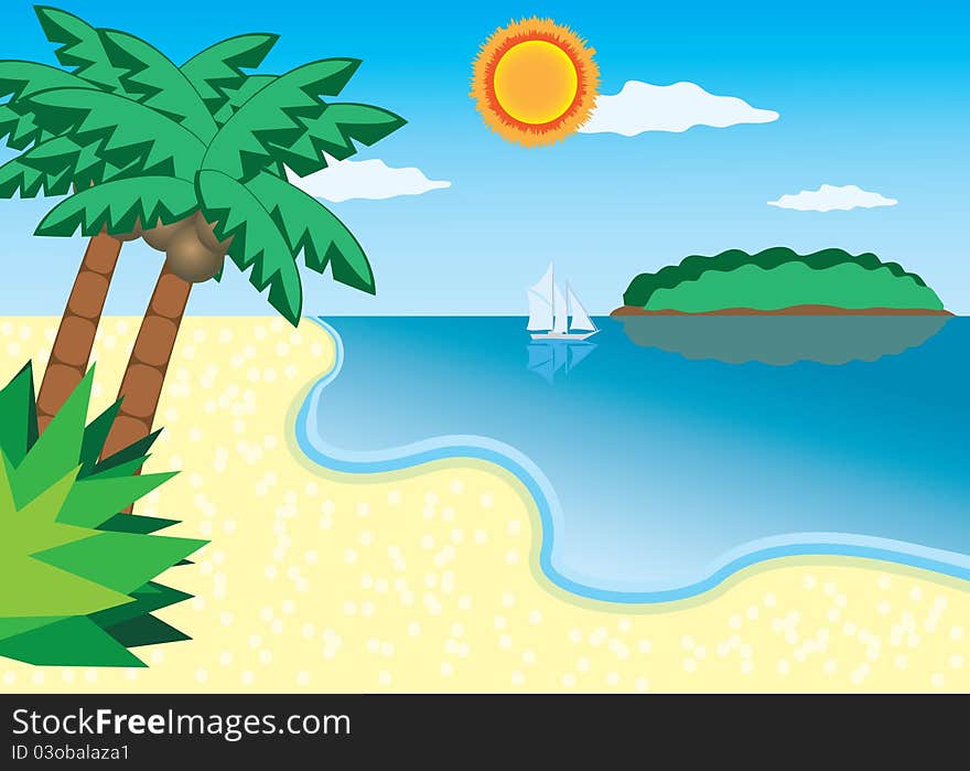 Sea beach with trees, island and ship at the sea