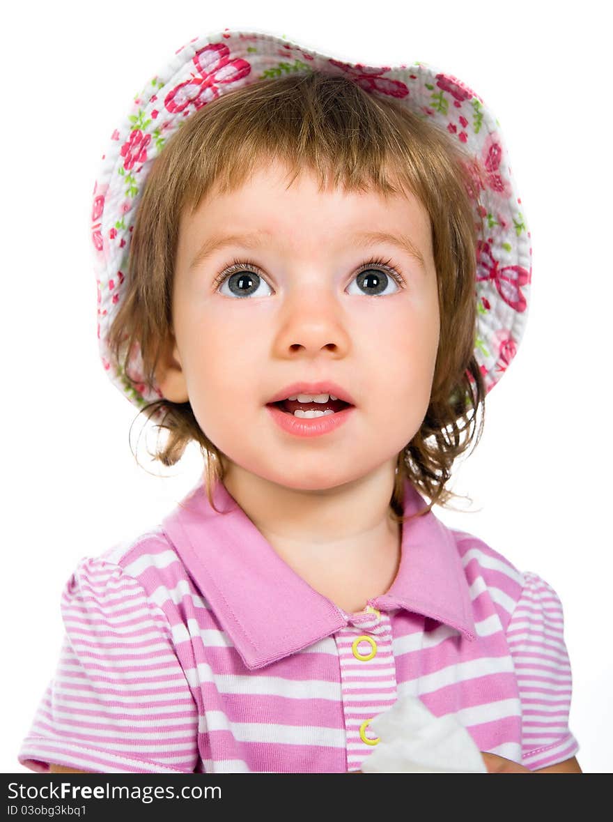 Cute little girl close-up on white background