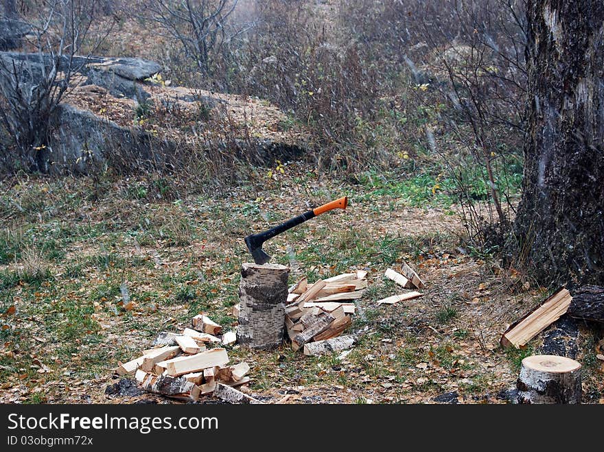 Axe and birch firewood