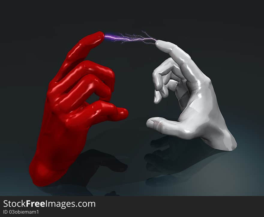 illustration of two hands in white and red color leaving sparks