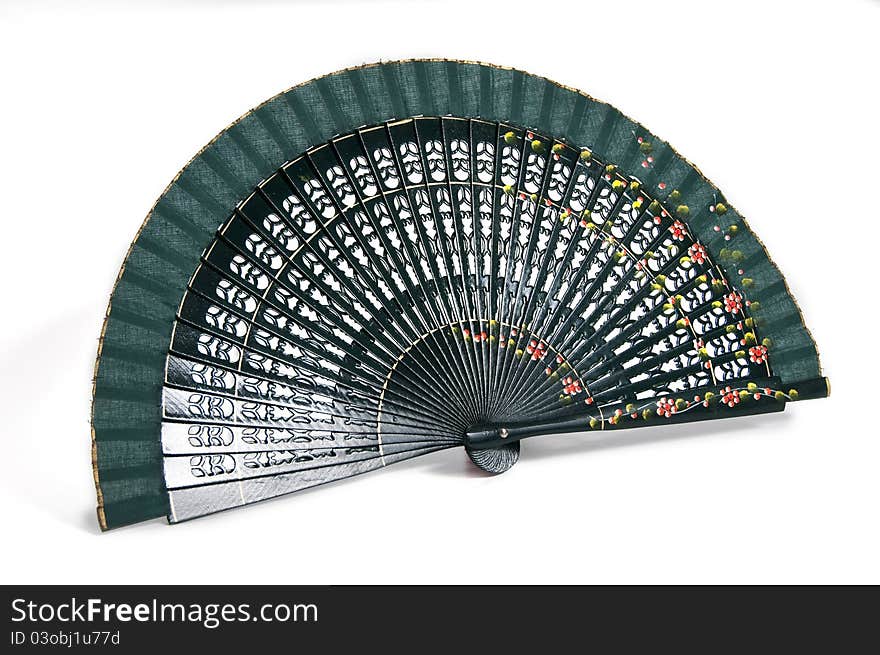 it photographs of fan open wood and green color on white bottom