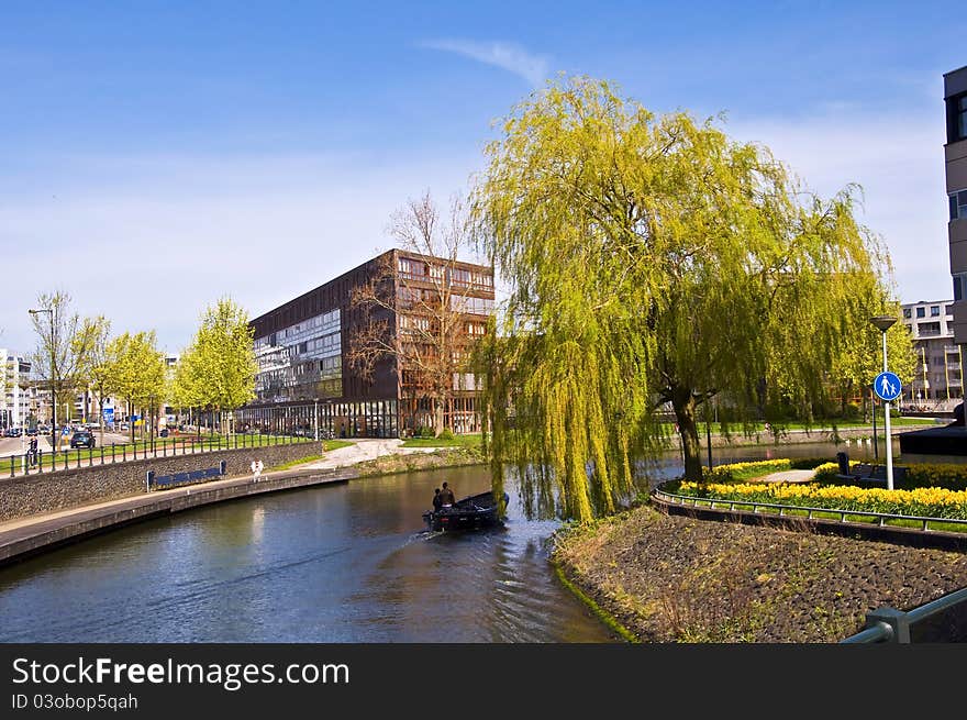 Amsterdam. Modern residential areas. Green Tree at the edge of the quay on the canal. Amsterdam. Modern residential areas. Green Tree at the edge of the quay on the canal.