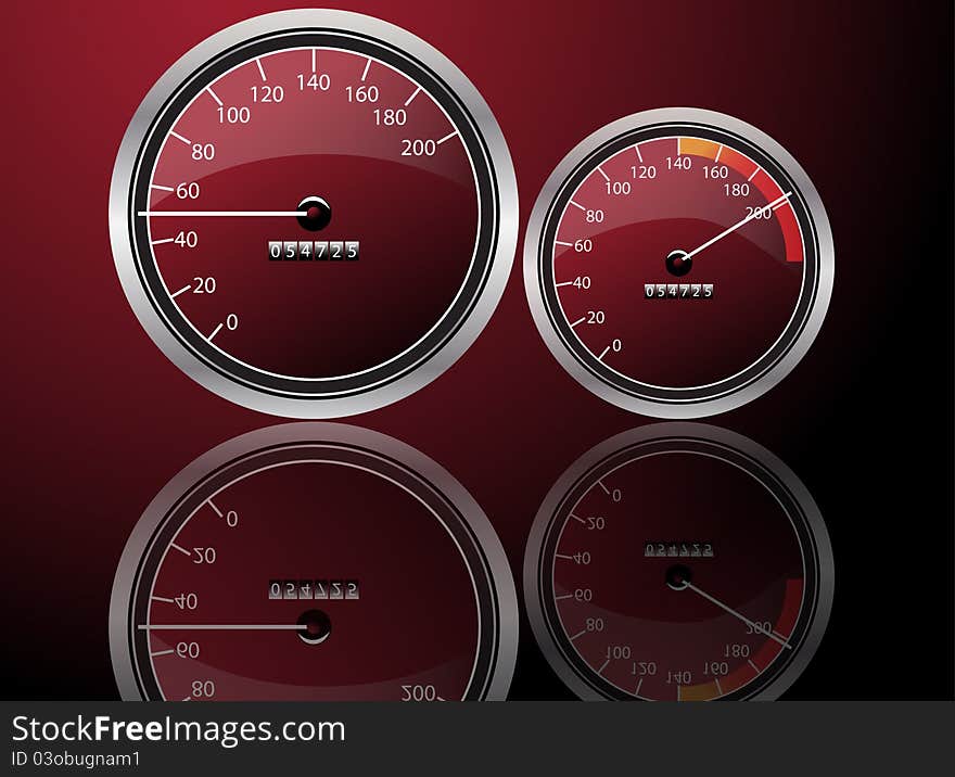 Two speedometers on red and black background