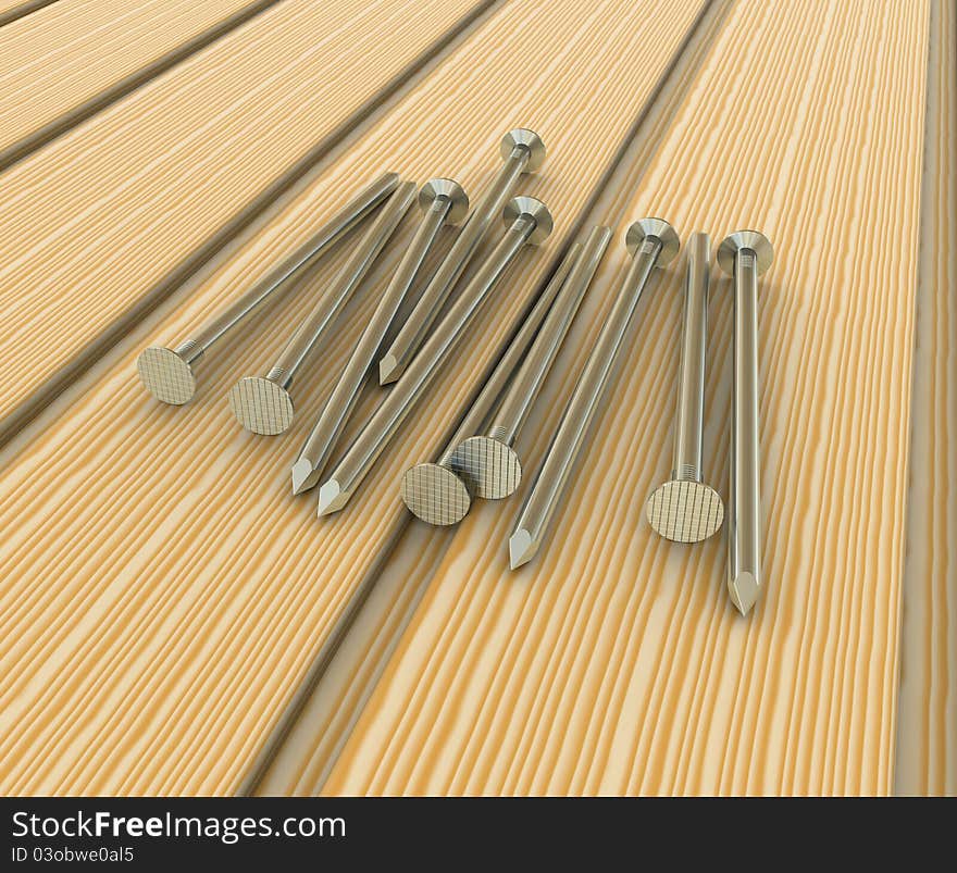 Metal nails in wooden boards. 3d rendering